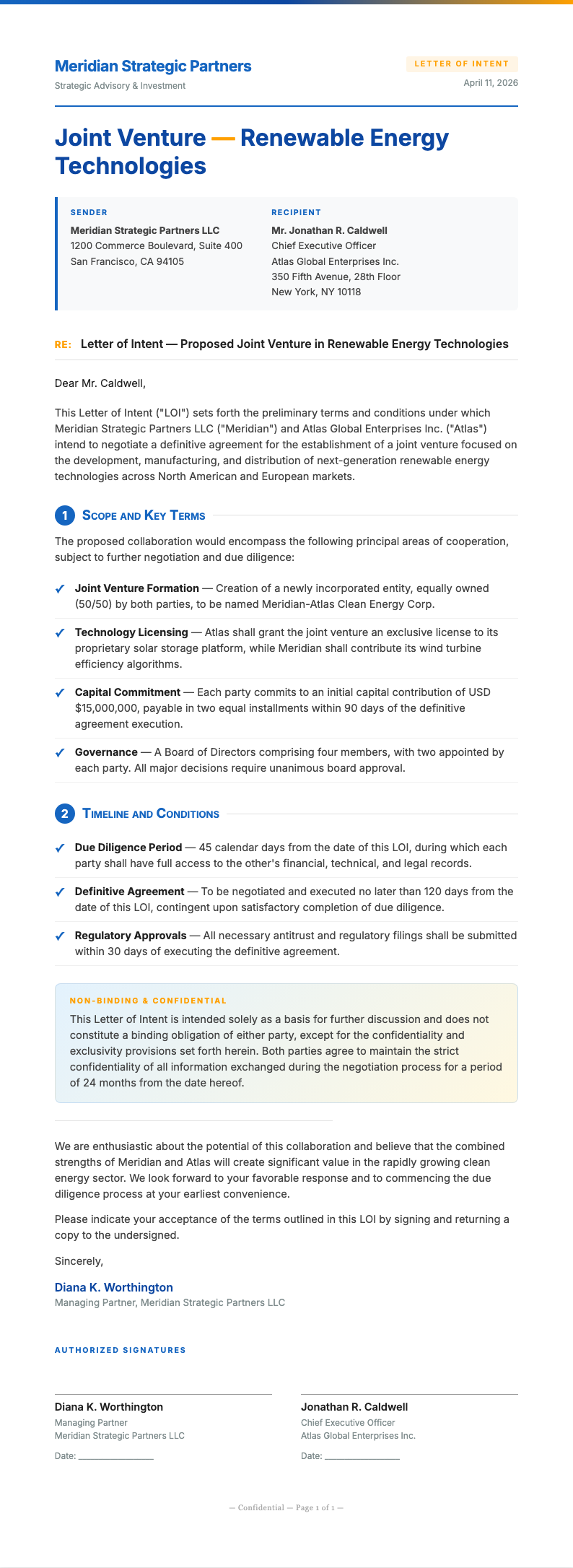 Investment Letter of Intent